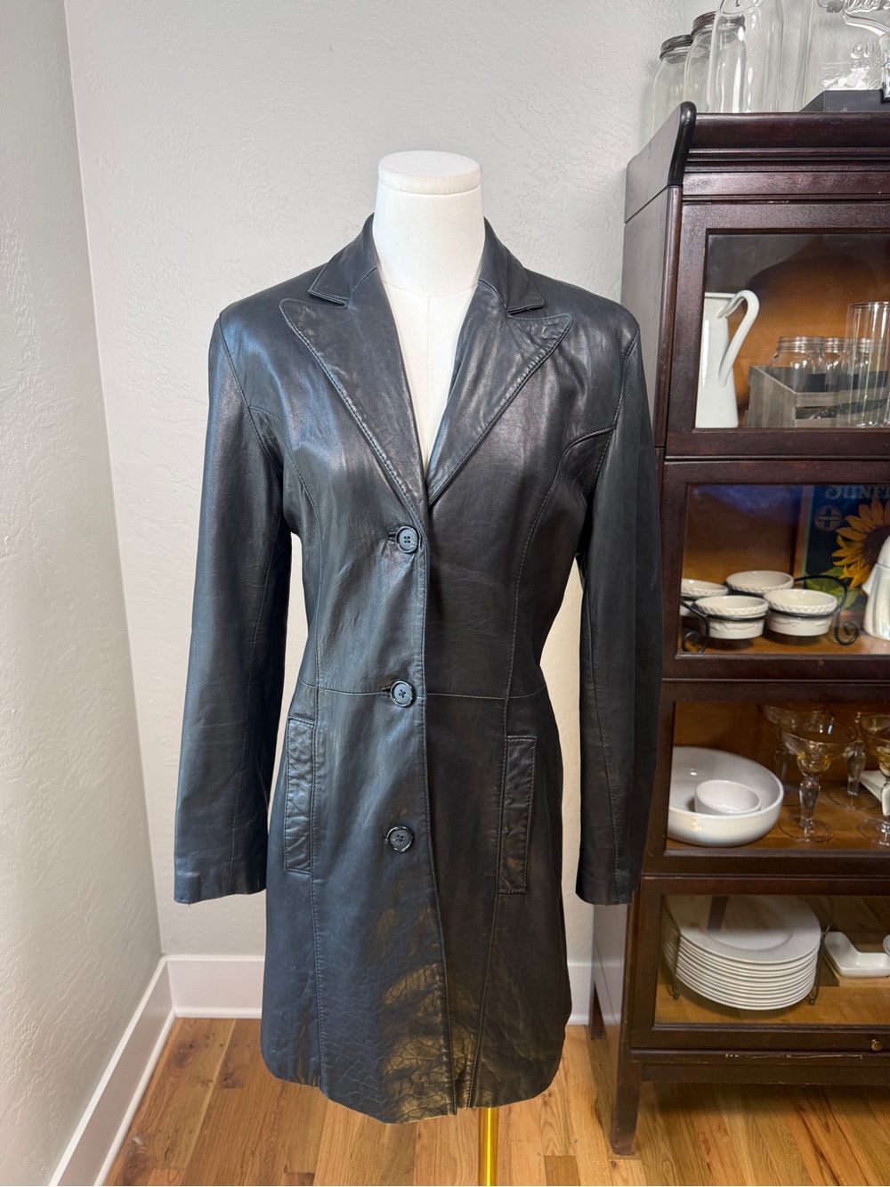 Vintage Luis Alvear Barcelona Black Leather Long Blazer Coat Size M
